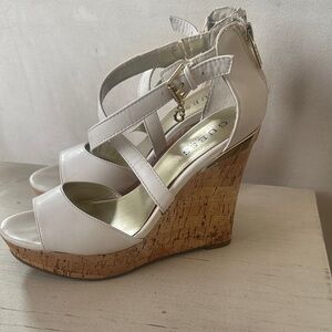 GUESS White Cork Platform Wedge Sandals with Gold Accents